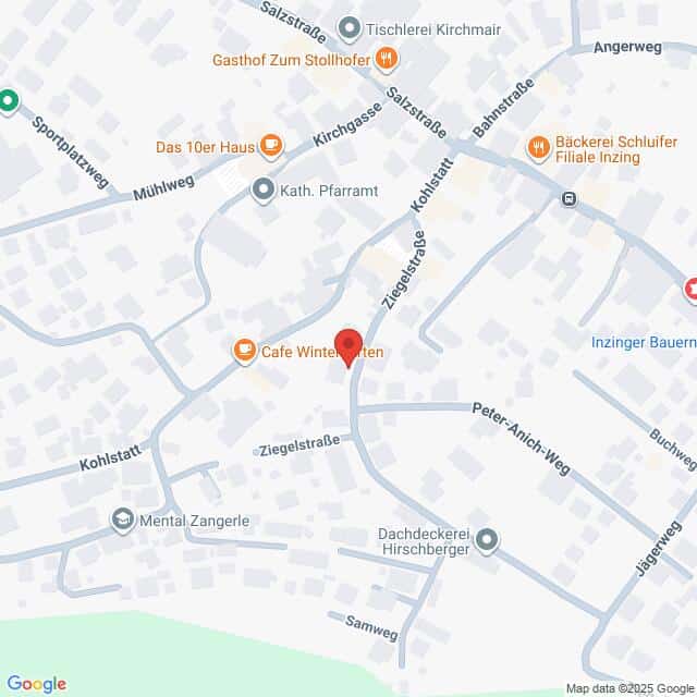 Lehrlingsportal.at Eine Karte, die die Gegend um die Ziegelstraße in Inzing, Österreich, mit nahegelegenen Cafés, Bäckereien und anderen lokalen Geschäften zeigt.