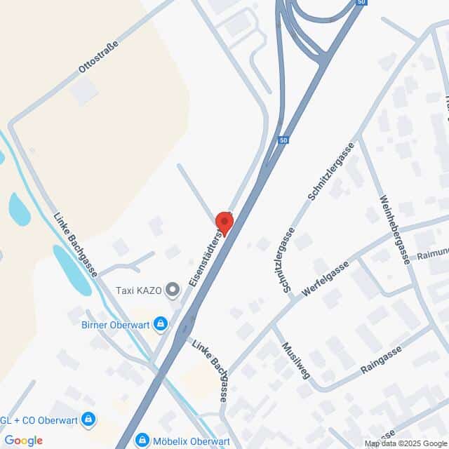 Lehrlingsportal.at Eine Karte, die die Kreuzung der Linken Bachgasse mit der Eisenstädter Straße in der Nähe der S0 in Oberwart, Österreich, zeigt, mit Beschriftung der umliegenden Geschäfte und Straßen.