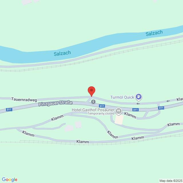 Lehrlingsportal.at Die Karte zeigt die Pinzgauer Straße in der Nähe der Salzach mit dem Tauernradweg, einem Hotel und den mit "Klamm" bezeichneten Straßen in der Nähe. Der Standort ist mit einer roten Stecknadel markiert.