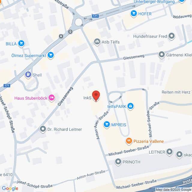 Lehrlingsportal.at Eine digitale Karte zeigt einen Ausschnitt von Innsbruck, Österreich, mit einem Standortpin auf Inks. Nahegelegene Straßen und Geschäfte, einschließlich MPREIS und Pizzeria VaBene, sind eingezeichnet.