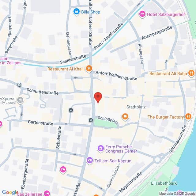 Lehrlingsportal.at Eine Karte, die die Gegend um den Stadtplatz in Zell am See, Österreich, mit nahegelegenen Straßen, Restaurants und Sehenswürdigkeiten markiert. Ein roter Standortmarker ist auf den Stadtplatz zentriert.