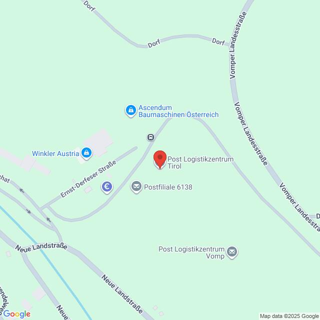 Lehrlingsportal.at Die Karte zeigt die Lage des Post Logistikzentrums Tirol in der Nähe von Neue Landstraße und Ernst-Derfeser Straße in Vomp, Österreich. Orte in der Nähe sind Winkler Austria und Ascendum Baumaschinen Österreich.
