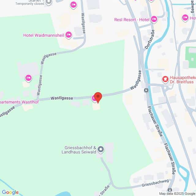 Lehrlingsportal.at Karte mit einem Standortpin in der Wastlgasse, in der Nähe mehrerer Hotels und Sehenswürdigkeiten in einem gemischten städtischen und grünen Gebiet. Straßen und angrenzende Gebäude sind beschriftet.