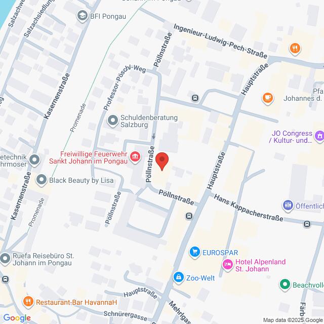 Lehrlingsportal.at Eine Karte mit Straßen und Geschäften in Sankt Johann im Pongau, Österreich, mit einer roten Standortnadel in der Pöllnstraße nahe der Hauptstraße.