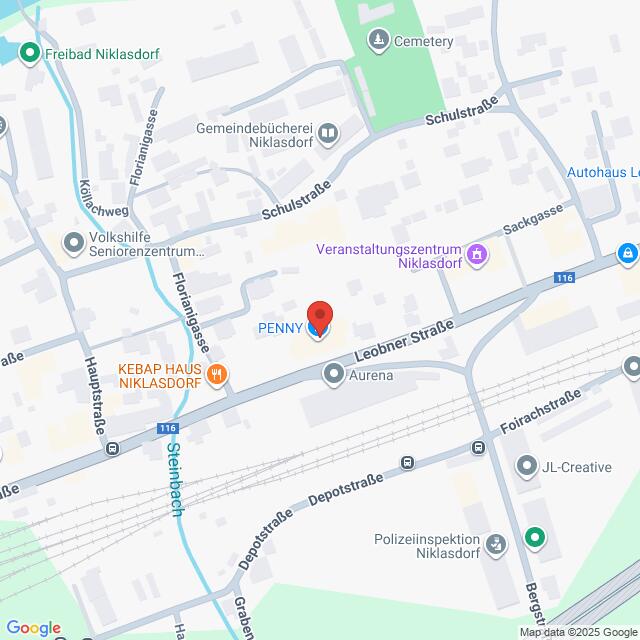 Lehrlingsportal.at Eine Karte, die den Standort des Penny-Supermarkts in der Leobner Straße in Niklasdorf, Österreich, zeigt, mit Beschriftung der nahe gelegenen Sehenswürdigkeiten und Straßen.