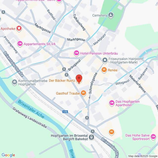 Lehrlingsportal.at Karte des Zentrums von Hopfgarten im Brixental, Österreich, mit Sehenswürdigkeiten, Geschäften, Straßen und einer roten Standortnadel in der Nähe des Gasthofs Traube in der Schmalzgasse.