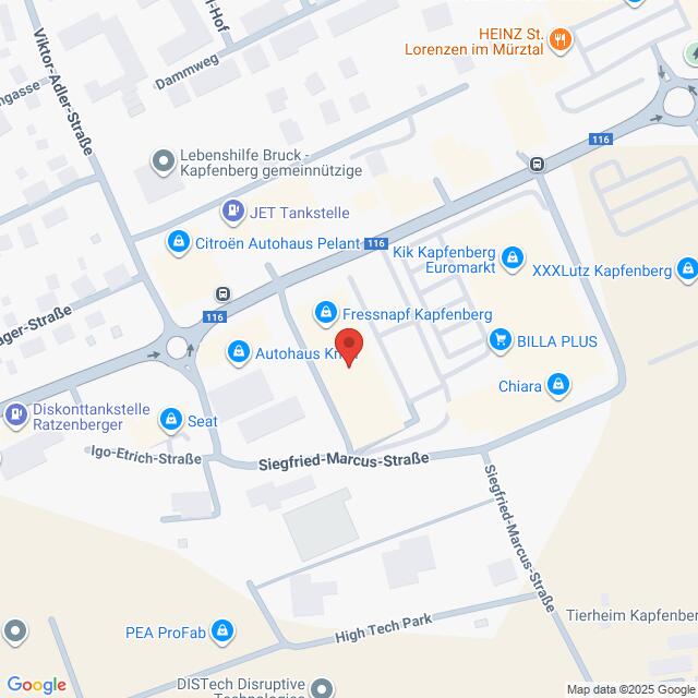 Lehrlingsportal.at Karte eines Gewerbegebiets in Kapfenberg, Österreich, mit Standorten wie Fressnapf, BILLA PLUS und Citroën Autohaus entlang der Siegfried-Marcus-Straße.