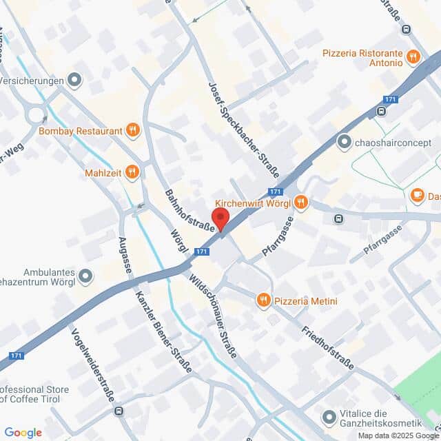 Lehrlingsportal.at Karte eines Teils von Wörgl, Österreich, mit Hervorhebung der Bahnhofstraße und der umliegenden Straßen mit eingezeichneten Restaurants, Geschäften und anderen lokalen Unternehmen.