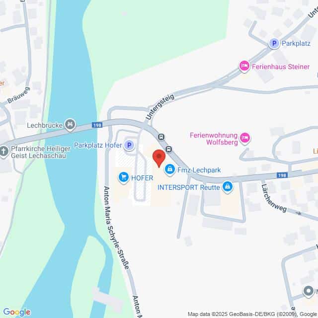 Lehrlingsportal.at Eine Karte, die den Standort des HOFER-Supermarkts in der Nähe der Anton-Melzer-Straße und des Untergsteigs in der Nähe des Flusses Lech in Reutte, Österreich, zeigt. Nahegelegene Sehenswürdigkeiten und Straßen sind eingezeichnet.