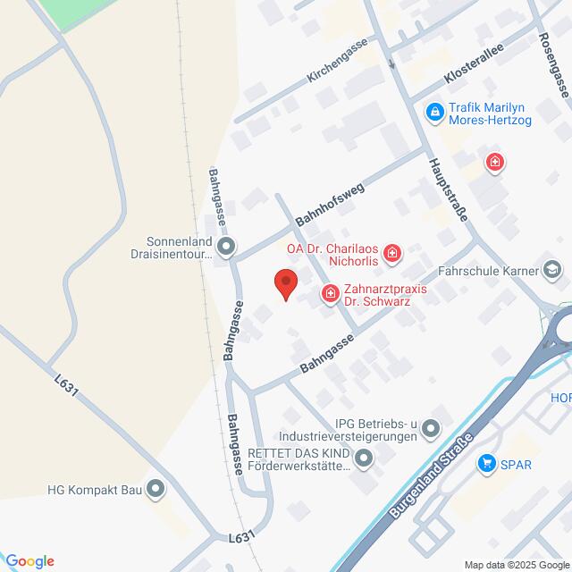 Lehrlingsportal.at Kartenansicht der Straßen Bahnhofweg und Bahngasse mit nahegelegenen Geschäften und einer Markierung, die den Standort der Zahnarztpraxis Dr. Schwarz anzeigt.