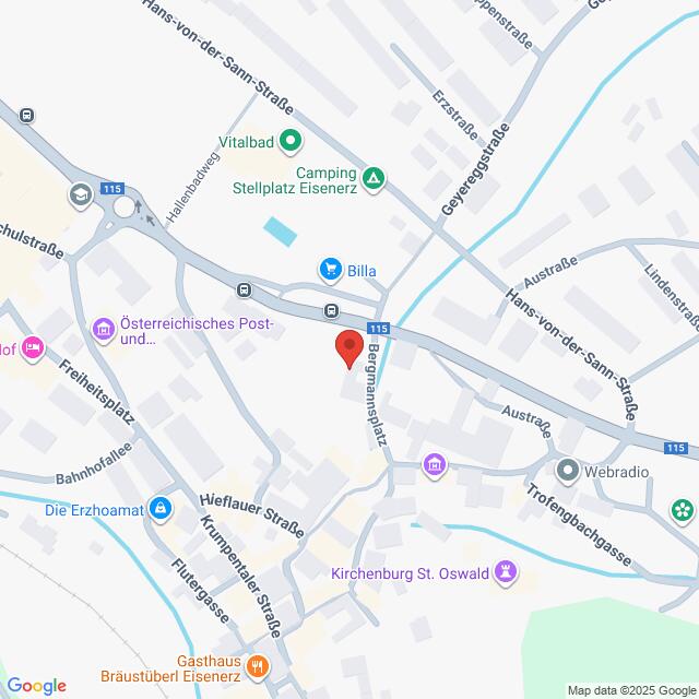 Lehrlingsportal.at Digitale Karte mit Straßen, Geschäften und Sehenswürdigkeiten in der Umgebung von Eisenerz, einschließlich Billa, Camping Stellplatz Eisenerz und Kirchenburg St. Oswald.