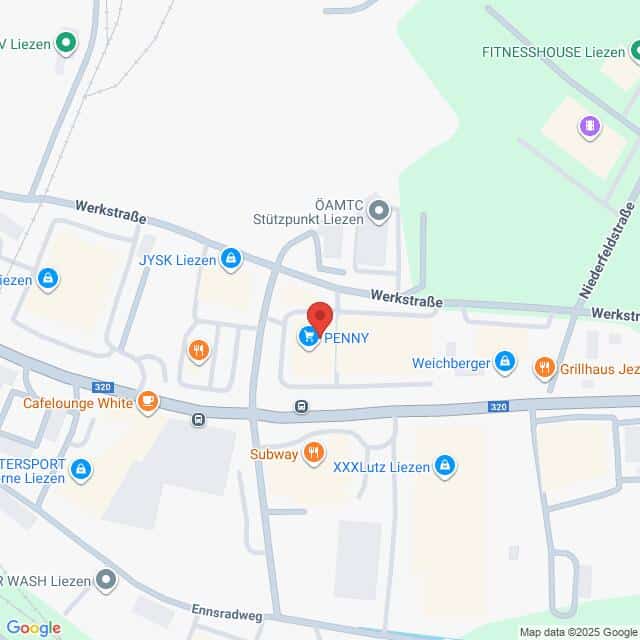 Lehrlingsportal.at Die Karte zeigt die Lage des PENNY-Supermarkts in Liezen, Österreich, in der Nähe von Werkstraße und anderen Geschäften und Sehenswürdigkeiten.