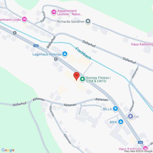Lehrlingsportal.at Karte eines Teils von Abtenau, Österreich, mit Hervorhebung von Unternehmen und Straßen wie Abtenau, Döllerhof, Lagerhaus Abtenau, BILLA, BIPA und Snoopy Fitness Gym & EWTO.