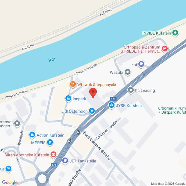 Lehrlingsportal.at Karte mit Standorten in der Nähe des Inns in Kufstein, Österreich, einschließlich Lidl, JYSK, WU.wok & teppanyaki, sowie Straßen und Unternehmen in der Nähe.