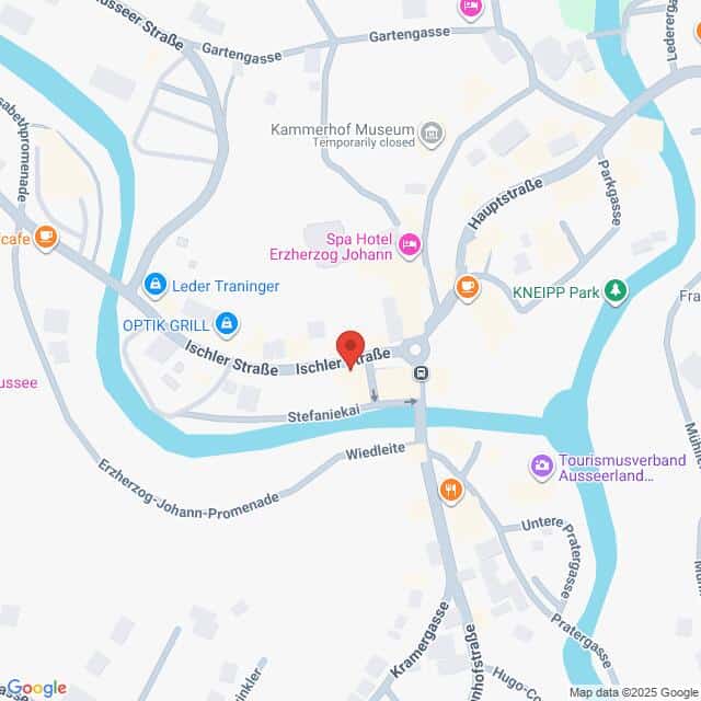 Lehrlingsportal.at Karte eines Ausschnitts von Bad Aussee, Österreich, mit Hervorhebung der Ischler Straße und nahegelegener Sehenswürdigkeiten wie dem Kammerhof Museum und dem Kurhotel Erzherzog Johann.