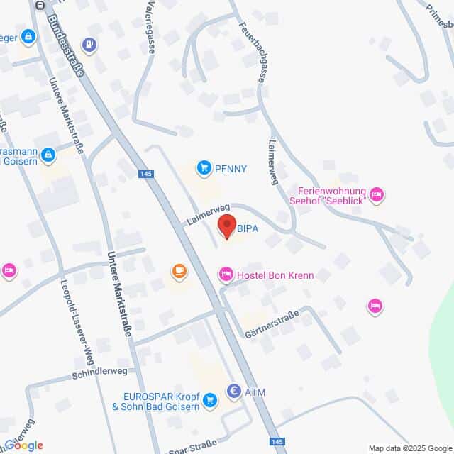 Lehrlingsportal.at Die Karte zeigt einen Ausschnitt von Bad Goisern, Österreich, mit BIPA, PENNY, Hostel Bon Krenn und nahe gelegenen Straßen wie Laimerweg und Untere Markstraße.