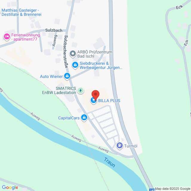 Lehrlingsportal.at Eine Karte mit der Lage von BILLA PLUS und den umliegenden Geschäften entlang der Sulzbacherstraße, direkt an der Traun in Bad Ischl, Österreich.