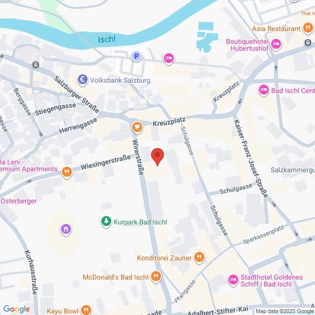 Lehrlingsportal.at Eine digitale Karte der Innenstadt von Bad Ischl, Österreich, mit eingezeichneten Straßen, Sehenswürdigkeiten und Geschäften. Eine rote Markierung hebt einen bestimmten Ort in der Wirerstraße hervor.