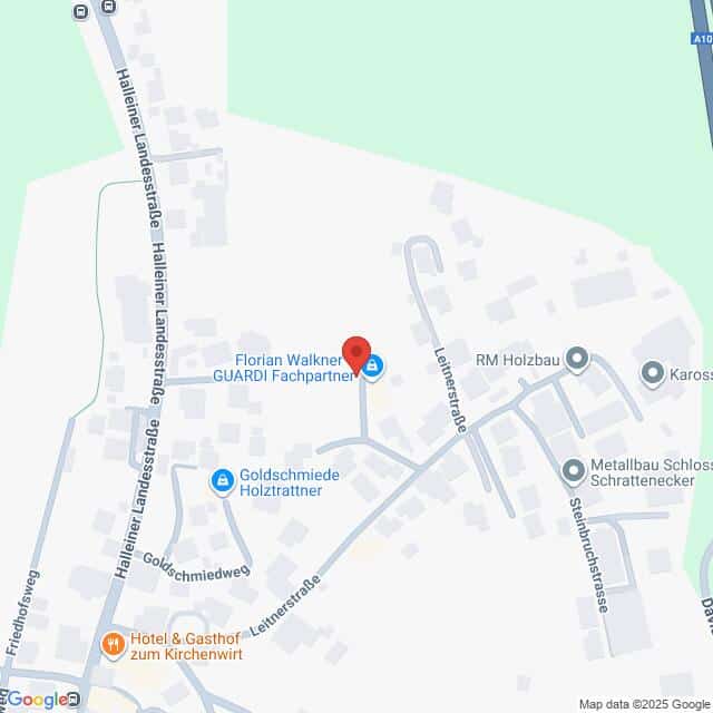 Lehrlingsportal.at Eine digitale Karte zeigt einen Ausschnitt eines Viertels mit Straßen, Gebäuden und mehreren beschrifteten Unternehmen, darunter Florian Walkner GUARDI Fachpartner, Goldschmiede Holztrattner und Hotel & Gasthof.