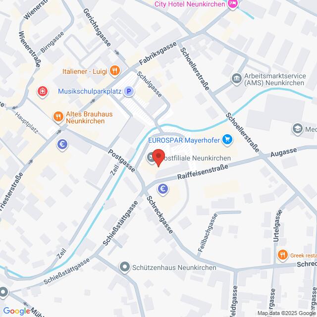 Lehrlingsportal.at Eine Karte des Zentrums von Neunkirchen, Österreich, mit Straßen, Sehenswürdigkeiten und einer roten Standortmarkierung in der Nähe von Raiffeisenstraße und Postgasse.