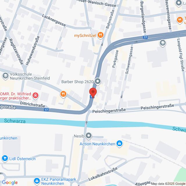 Lehrlingsportal.at Eine Karte der Kreuzung Peischingerstraße und Dittichstraße in Neunkirchen, Österreich, mit Beschriftung der nahegelegenen Geschäfte und Sehenswürdigkeiten.
