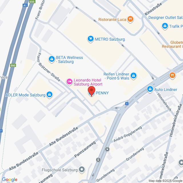 Lehrlingsportal.at Karte mit der Lage von PENNY in der Nähe des Leonardo Hotel Salzburg Airport in Salzburg, mit Beschriftung der umliegenden Straßen und Geschäfte.