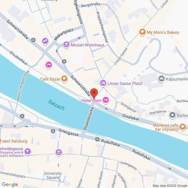 Lehrlingsportal.at Eine Karte, die die Lage des Hotels Stein in der Nähe des Flusses Salzach in Salzburg, Österreich, hervorhebt, mit Beschriftung der nahe gelegenen Straßen, Geschäfte und Sehenswürdigkeiten.