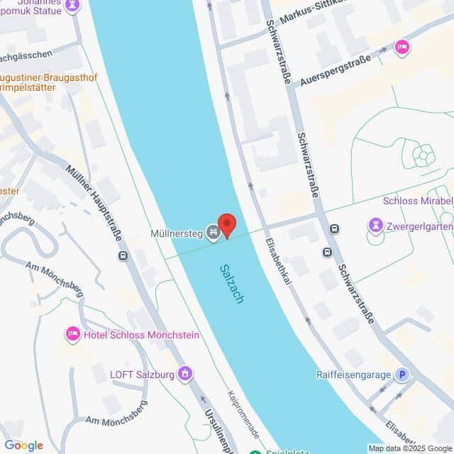 Lehrlingsportal.at Karte mit der Lage der Müllnersteg-Brücke über die Salzach in Salzburg, Österreich, mit Beschriftung der umliegenden Straßen und Sehenswürdigkeiten.