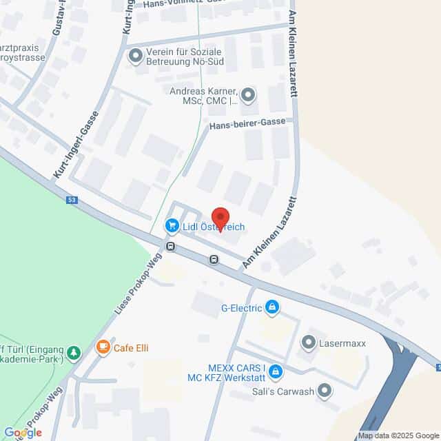 Lehrlingsportal.at Karte mit einer Standortmarkierung in der Nähe von Lidl Österreich in der Straße Am kleinen Lazarett in Wien, Österreich, mit Beschriftung der umliegenden Geschäfte und Straßen.