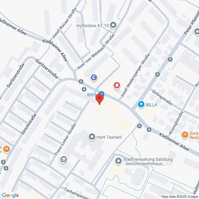 Lehrlingsportal.at Die Karte zeigt einen Ausschnitt von Salzburg, Österreich, mit beschrifteten Straßen und Markierungen für BIPA, BILLA und andere lokale Unternehmen und Einrichtungen.