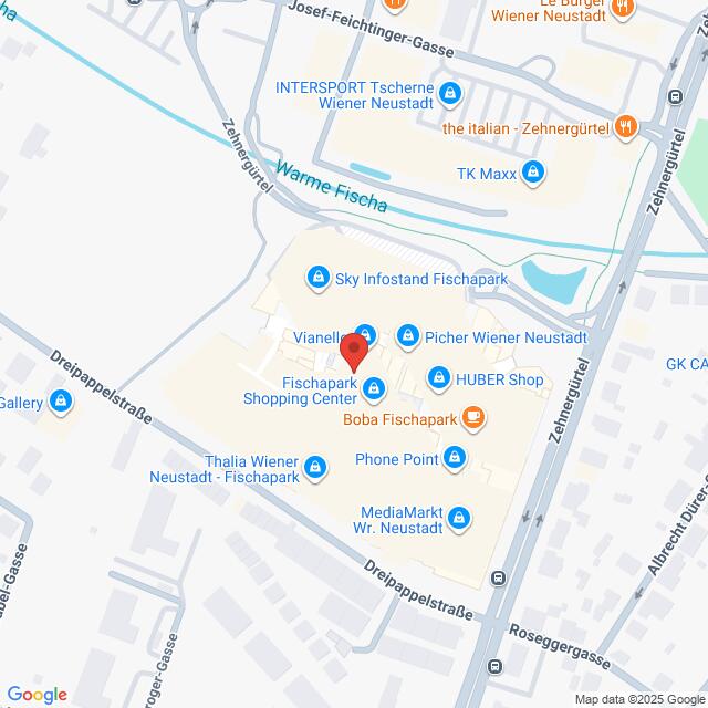 Lehrlingsportal.at Karte mit der Lage des Fischapark Shopping Center in Wiener Neustadt, Österreich, markiert durch eine rote Stecknadel, mit Beschriftung der umliegenden Geschäfte und Straßen.