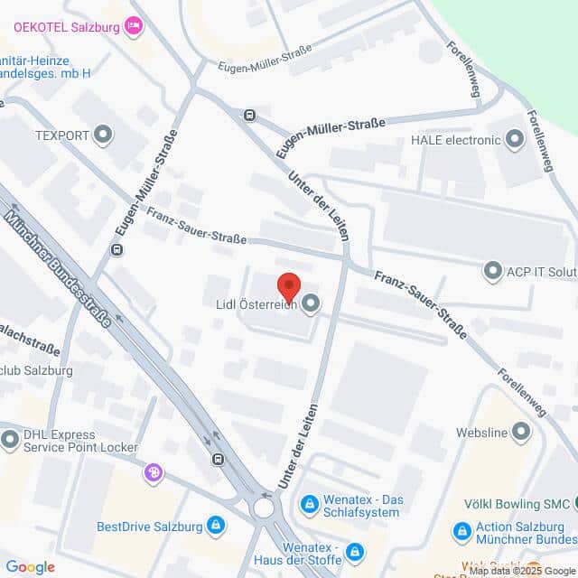 Lehrlingsportal.at Karte mit der Lage von Lidl Österreich in der Franz-Sauer-Straße in Salzburg, Österreich, mit Beschriftung der umliegenden Straßen und Geschäfte.