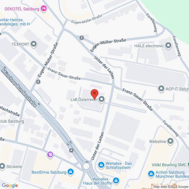 Lehrlingsportal.at Eine Karte mit der Lage von Lidl Österreich auf der Unter der Leiten in Salzburg, Österreich, markiert mit einer roten Stecknadel zwischen nahegelegenen Straßen und Geschäften.