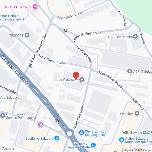 Lehrlingsportal.at Karte mit der Lage von Lidl Österreich in der Franz-Sauer-Straße in Salzburg, Österreich, mit Beschriftung der umliegenden Straßen und Geschäfte.