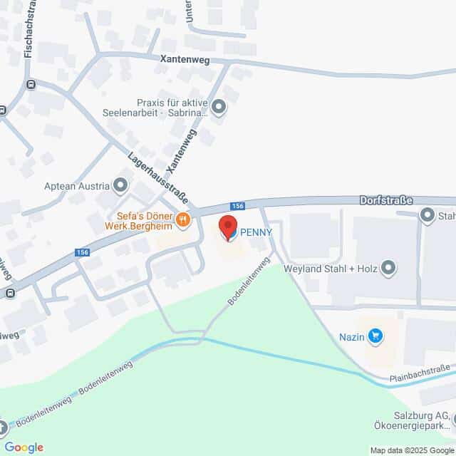 Lehrlingsportal.at Karte mit der Lage des PENNY-Supermarktes in der Dorfstraße, mit Beschriftung der umliegenden Straßen und Geschäfte.