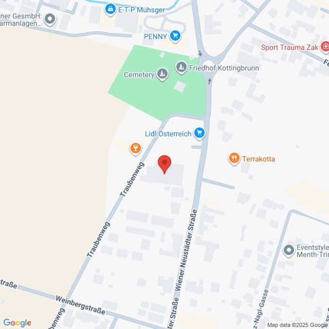 Lehrlingsportal.at Eine Karte zeigt den Standort einer Lidl-Filiale in der Nähe von Traubenweg und Wiener Neustädter Straße in Kottingbrunn, Österreich. Zu den Sehenswürdigkeiten in der Nähe gehören ein Friedhof und ein Penny-Markt.