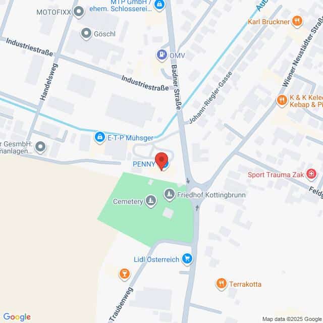 Lehrlingsportal.at Karte mit dem Standort des PENNY-Supermarkts in der Nähe der Badner Straße und der Josef-Gloggnitzer-Gasse, neben einem Friedhof und verschiedenen Geschäften in Kottingbrunn, Österreich.