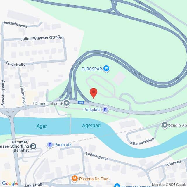 Lehrlingsportal.at Karte mit Straßen, Parks und Gebäuden in der Nähe der Ager in Schörfling am Attersee, Österreich, mit eingezeichneten Sehenswürdigkeiten wie dem EUROSPAR und dem Agerbad.