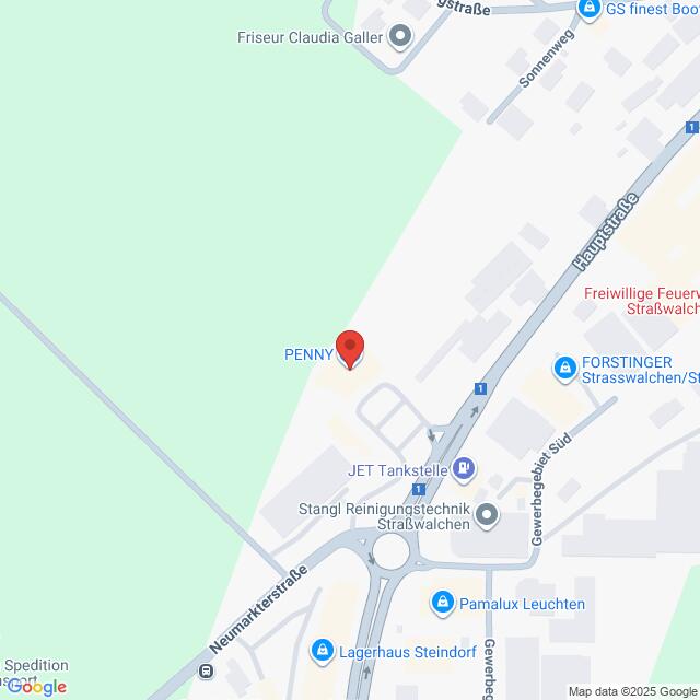 Lehrlingsportal.at Karte mit der Lage eines PENNY-Supermarkts in der Nähe der Neumarkter Straße und der Hauptstraße in Straßwalchen, Österreich, mit Kennzeichnung der umliegenden Geschäfte.