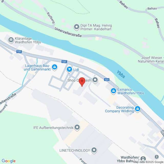 Lehrlingsportal.at Karte mit der Lage von Lidl in Waidhofen an der Ybbs, Österreich, in der Nähe des Flusses Ybbs und der angrenzenden Straßen und Geschäfte.