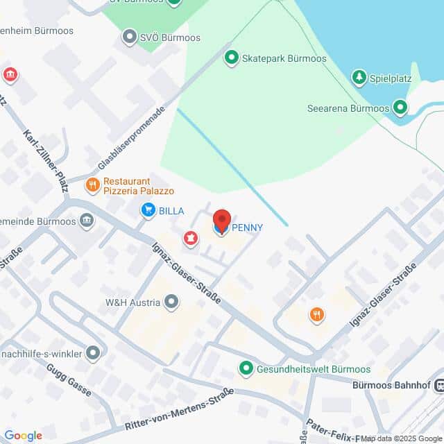 Lehrlingsportal.at Karte mit dem Standort des Penny-Supermarkts in Bürmoos, Österreich, in der Nähe einer Pizzeria, eines Gesundheitszentrums und eines Skateparks, mit Beschriftung der umliegenden Straßen und Sehenswürdigkeiten.