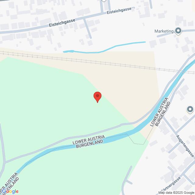 Lehrlingsportal.at Karte mit einer Stecknadel, die in einem grün schattierten Gebiet in der Nähe des niederösterreichischen Burgenlands abgeworfen wurde, mit Beschriftung der umliegenden Straßen und Wasserwege.