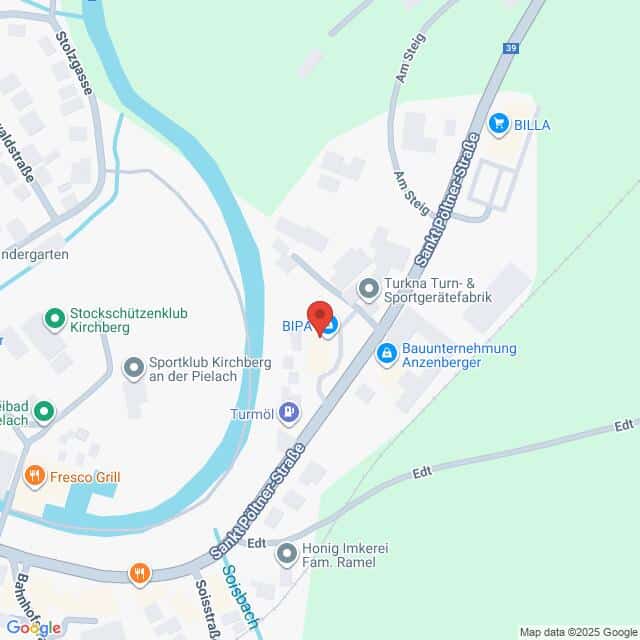 Lehrlingsportal.at Eine Karte, die einen Abschnitt der Sankt Pöltner Straße in Kirchberg an der Pielach, Österreich, zeigt, mit beschrifteten Geschäften und Wahrzeichen.