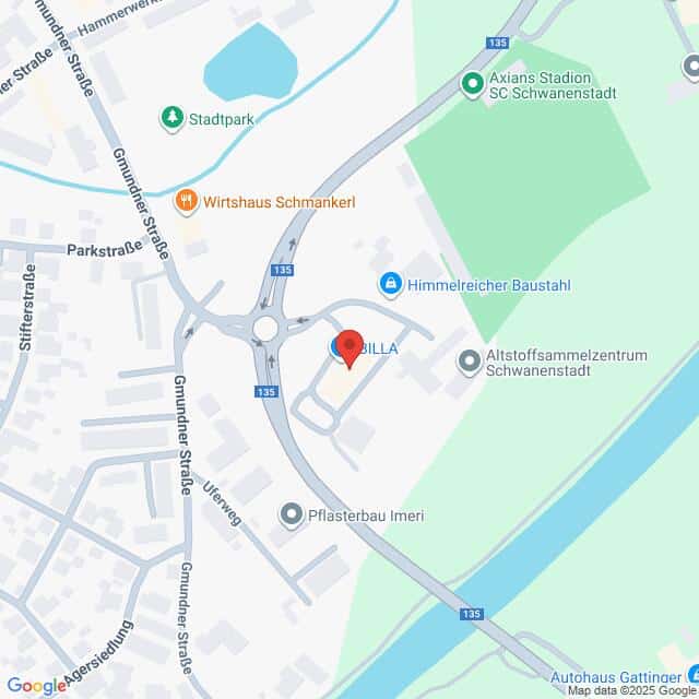 Lehrlingsportal.at Digitale Karte, die einen Ausschnitt von Schwanenstadt, Österreich, zeigt, mit bemerkenswerten Orten wie BILLA, Axians Stadion und nahe gelegenen Straßen und Wahrzeichen.