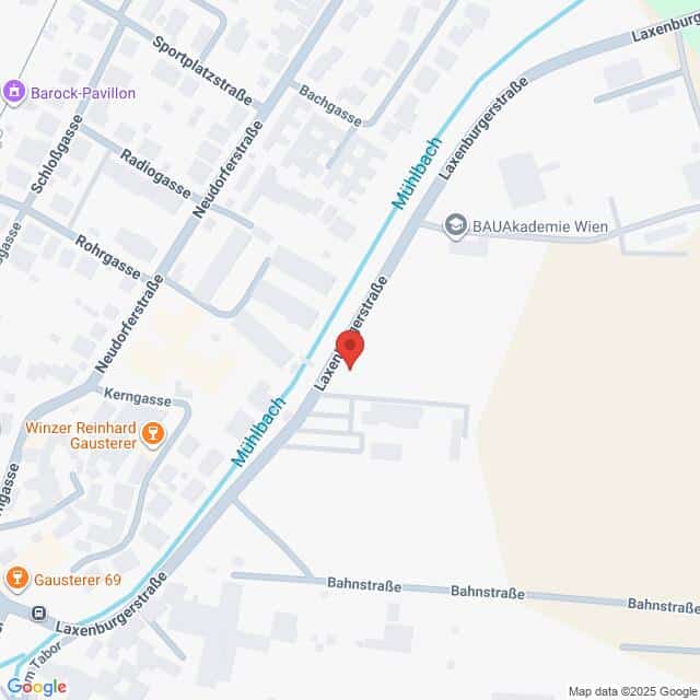 Lehrlingsportal.at Eine digitale Karte, die einen Ausschnitt von Wien mit beschrifteten Straßen, einem roten Standortpin in der Laxenburgerstraße und nahe gelegenen Sehenswürdigkeiten wie der BAUAkademie Wien und dem Barock Pavillon zeigt.