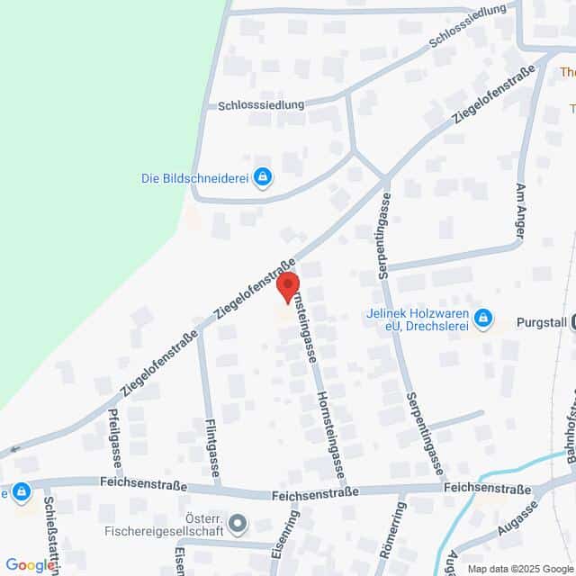 Lehrlingsportal.at Karte der Kreuzung Ziegelofengasse/Horstlinggasse in einem Wohngebiet, mit Markierungen für lokale Geschäfte und Straßenbeschriftung.