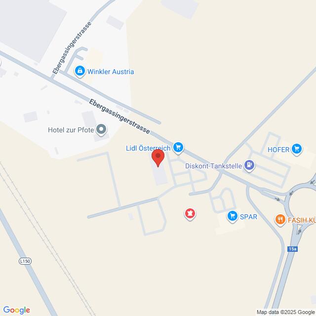 Lehrlingsportal.at Karte mit der Lage von Lidl Österreich in der Nähe der Ebergassingergasse, mit nahe gelegenen Geschäften wie SPAR, HOFER und einer Tankstelle.