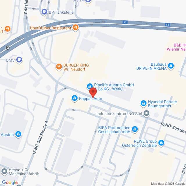 Lehrlingsportal.at Die Karte zeigt ein Gewerbegebiet mit Geschäften wie Burger King, Pappas Auto und Pipeline Austria GmbH entlang der IZ NÖ-Süd Straße in Wiener Neudorf, Österreich.