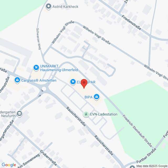 Lehrlingsportal.at Die Karte zeigt einen Ausschnitt von Amstetten, Österreich, und hebt Standorte wie EUROSPAR, BIPA, UNIMARKT und ein Carglass® Center an der Kreuzung mehrerer Straßen hervor.