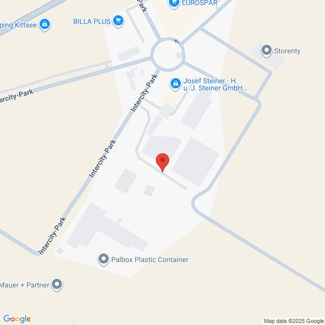 Lehrlingsportal.at Ein Screenshot der Karte zeigt eine Stecknadel im Intercity-Park, in der Nähe von Unternehmen wie Palbox Plastic Container und EUROSPAR, in einem Gewerbegebiet.